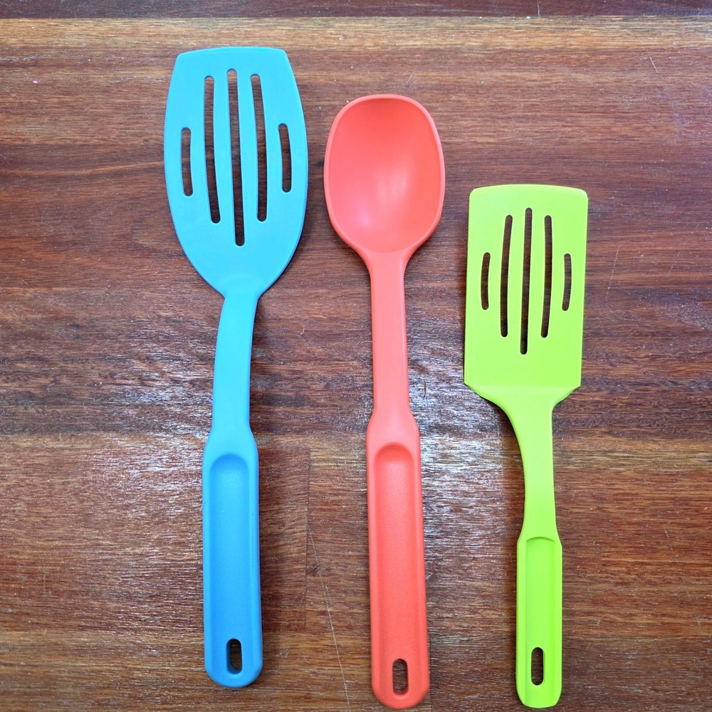 The Pampered Chef Nylon Kitchen Tool Set Slotted Turners Spoon Blue Coral Green